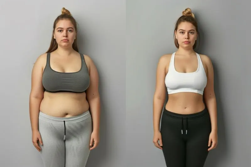 Side-by-side full-length photographs of a woman standing against a grey background in a sports bra and trousers.