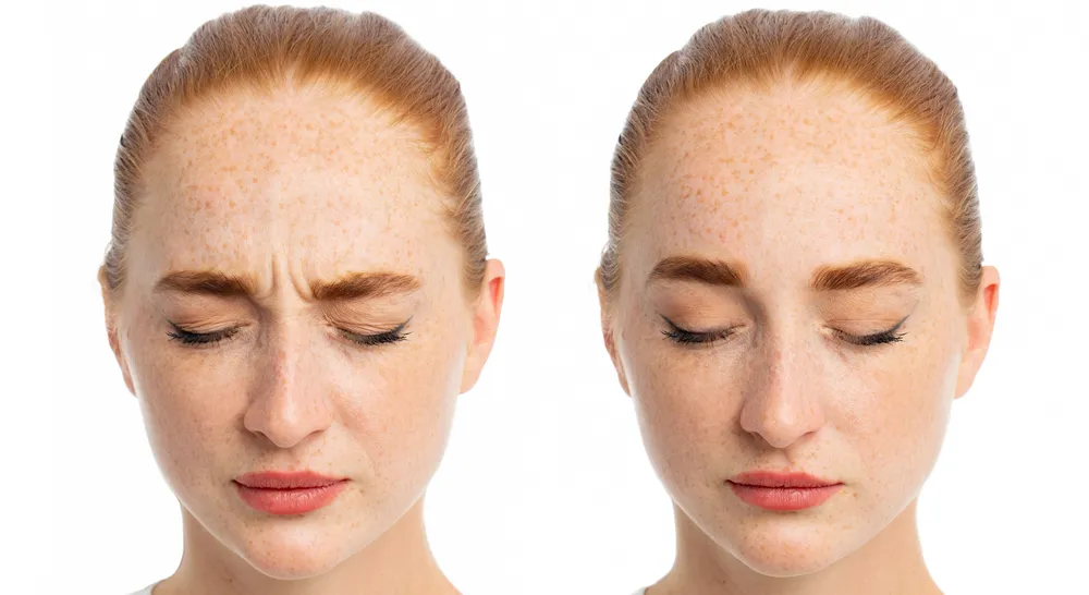 Side-by-side portraits of a woman with her eyes closed, frowning in the left frame and with a relaxed brow in the right.