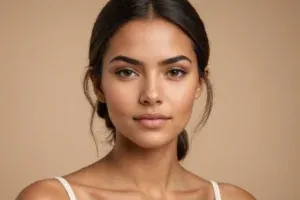 Studio portrait of a woman facing the camera against a tan background