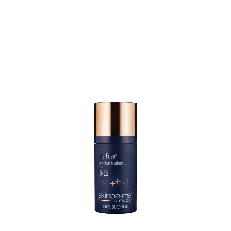 A small navy skinbetter science InterFuse Intensive Treatment LINES bottle standing alone on a white background.